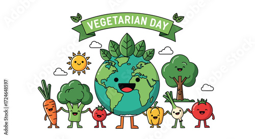A vibrant illustration celebrating Vegetarian Day, featuring a smiling Earth surrounded by cheerful vegetables and plants under a sunny sky.