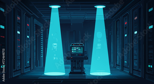 Cyber Sanctuary: Neon spotlights illuminate a data center control panel within a futuristic digital realm, emphasizing technological innovation. 