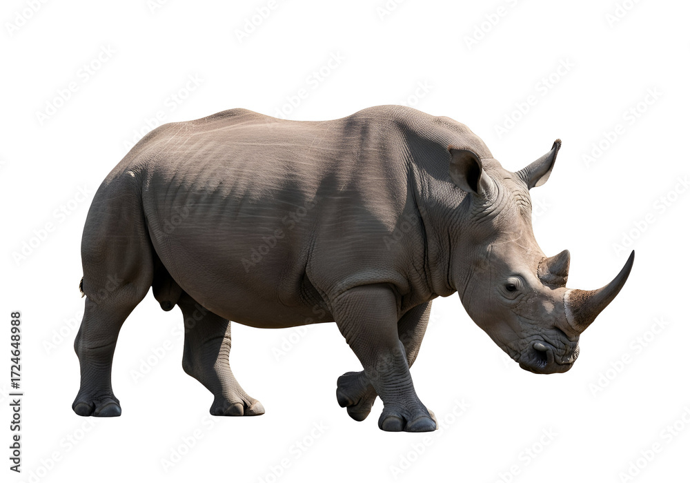 Fototapeta premium A full shot of a white rhinoceros against a black backdrop, showcasing its powerful physique and distinctive features.