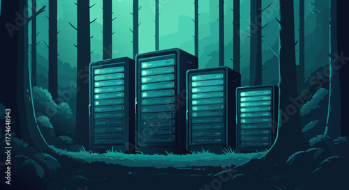 Data Fortress in the Woods: A row of powerful servers stands silently amidst the towering trees in a mysterious forest. Evoking a sense of technological strength and hidden data.