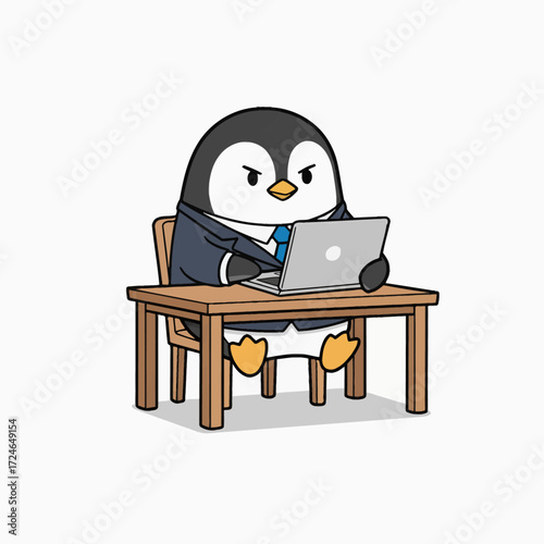 Professional yet charming vector penguin character with a laptop. Thick lines, white background, high-resolution. Great for logos, apps, and digital marketing content.