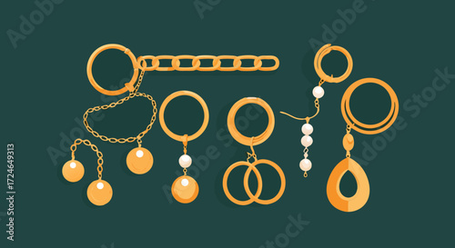 Elegant Adornments: An array of gold jewelry, displayed against a dark backdrop, showcasing opulence and timeless design, ready to captivate the viewer's eye.