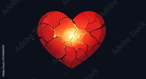 Shattered Heart: Depicting a glowing red heart, fractured into pieces against a dark background. It evokes emotions of heartbreak, vulnerability, and resilience.