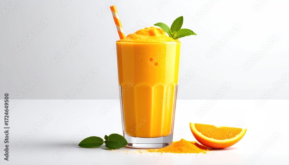 Fototapeta premium Refreshing orange smoothie in a tall glass, adorned with a striped straw, mint leaves and a slice of orange, on a white surface