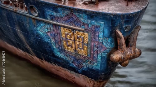 Exquisite Close-up of Colorfully Painted Bow, A Visual Feast of Marine Culture and Art