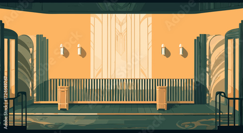 Symmetrical Hall Interior: A digitally crafted illustration captures the serene beauty of an empty hall, emphasizing architectural symmetry, clean lines, and the soft glow of ambient lighting.