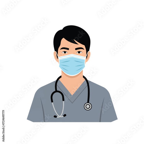 A male medical professional wearing a light blue face mask and a stethoscope around his neck, depicted in a stylized illustration.
