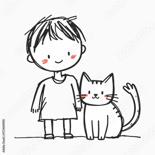 Doodle vector of boy hugging cat, cute pet care vibe for animal or family content