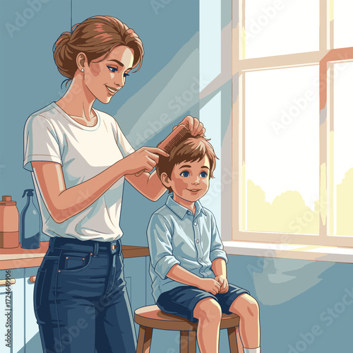 A smiling mother gently combs her young son's brown hair while he sits on a stool in a sunlit room, with a window and kitchen counter in the background.