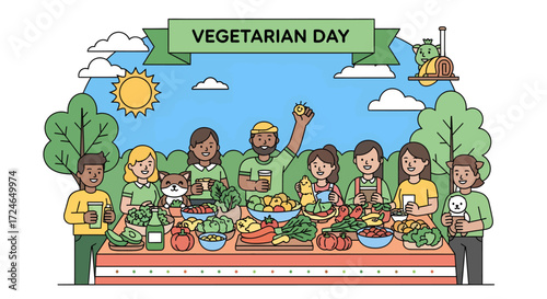 People celebrating Vegetarian Day with fresh produce.