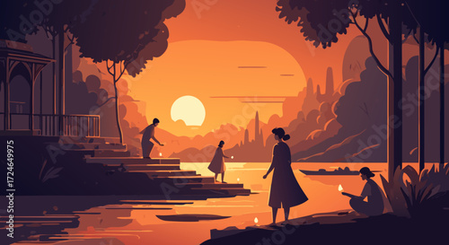 Glowing Horizon: Silhouette of people lighting lanterns on a calm waterbody with a beautiful orange sunset sky, an inspiring scene evoking peace and serenity.