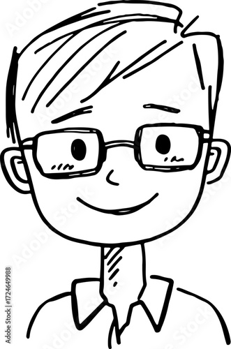 Doodle vector of boy with glasses smiling, neat shirt, cheerful student vibe for education and lifestyle blogs