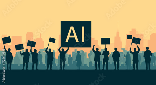AI Protest Silhouette: Witness a silhouette of a protest with signs, their voices echoing in a united call, standing tall against an evocative cityscape.