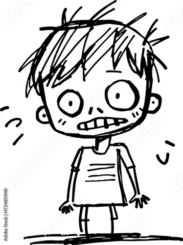 Doodle sketch vector of boy with scared face, messy hair, blushing cheeks, for emotion or psychology blogs