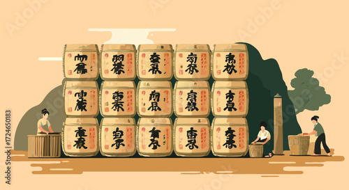 Japanese Sake Barrels Illustration: A serene illustration depicts stacked sake barrels, symbolizing Japanese tradition and culture.