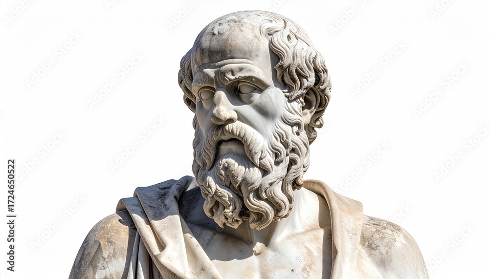Fototapeta premium Classical white marble bust of a bearded man with expressive eyes, gazing forward against a bright, isolated white backdrop