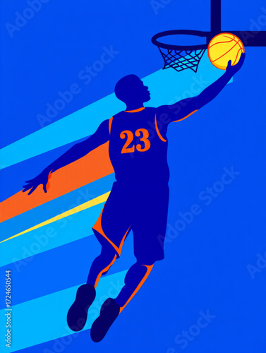 Dynamic silhouette of a basketball player dunking with energetic streaks