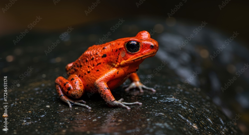 Fototapeta premium Red poison dart frog on dark stone