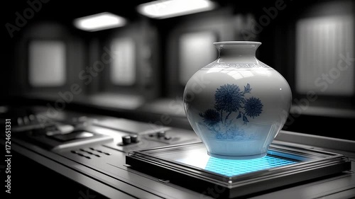 Futuristic Qinghua Porcelain Vase on Glowing Platform