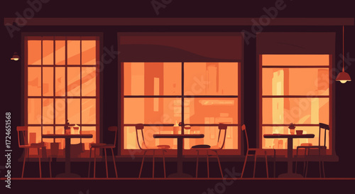 Cafe Scene: A serene interior scene unfolds, showcasing meticulously designed table arrangements set against expansive window vistas, casting a warm and inviting glow over the space.