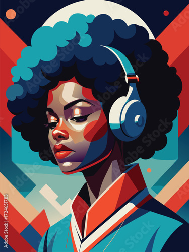 Melody Muse: An artistic portrait captures a woman absorbed in the music, wearing headphones and lost in a world of sound and rhythm.