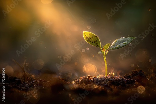 A seedling emerges from the earth bathed in golden light