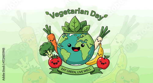 Cute cartoon illustration for Vegetarian Day featuring a happy Earth surrounded by fresh fruits and vegetables, promoting healthy eating.