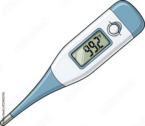 A digital thermometer displays a temperature reading of 99.2 degrees Fahrenheit on its screen, indicating a slight fever.