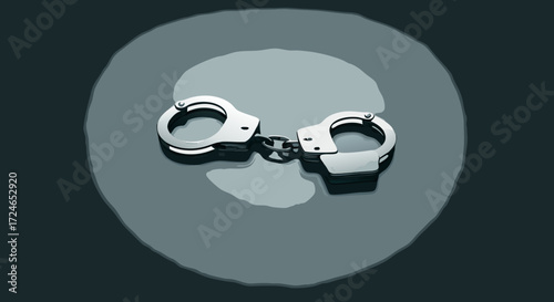 Imprisoned: A pair of gleaming steel handcuffs lie on a smooth surface, bathed in dramatic lighting, representing constraint, law enforcement, and the consequences of crime.