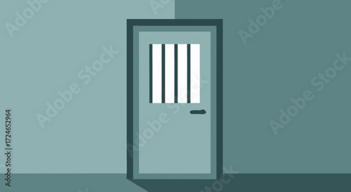 Door Behind Bars: A stark, clean rendering of a door featuring prison bars, set against a minimalist, gray backdrop symbolizing the confinement of justice.