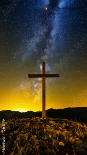 Wooden cross stands silhouetted against a vibrant night sky, illuminated by stars and the Milky Way on a hilltop.