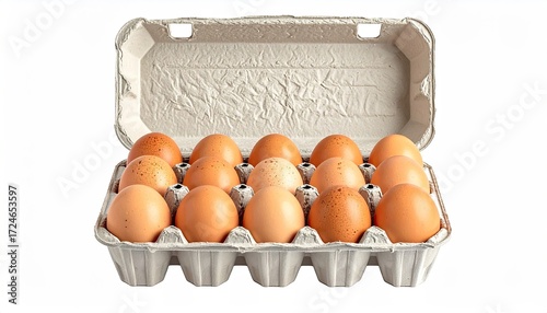 A carton of twelve light-brown eggs, nestled in a recyclable cardboard container against a white backdrop