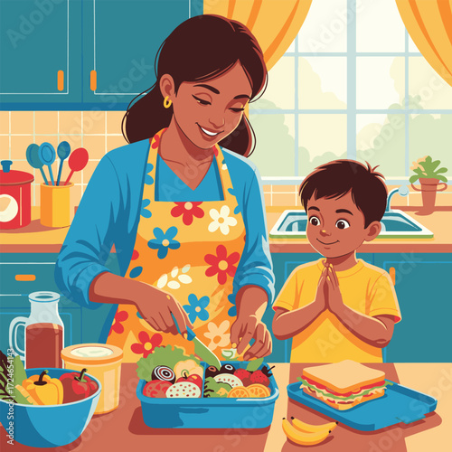 A smiling mother and her son preparing a healthy lunchbox with fresh vegetables and sandwiches in a vibrant kitchen.