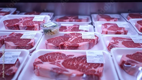 Raw Steak Display in Refrigerated Case.