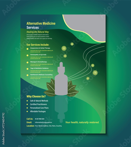 Creative flyer template for alternative medicine services, featuring natural therapy design, holistic wellness promotion, herbal care, acupuncture, and health consultation with editable layout.