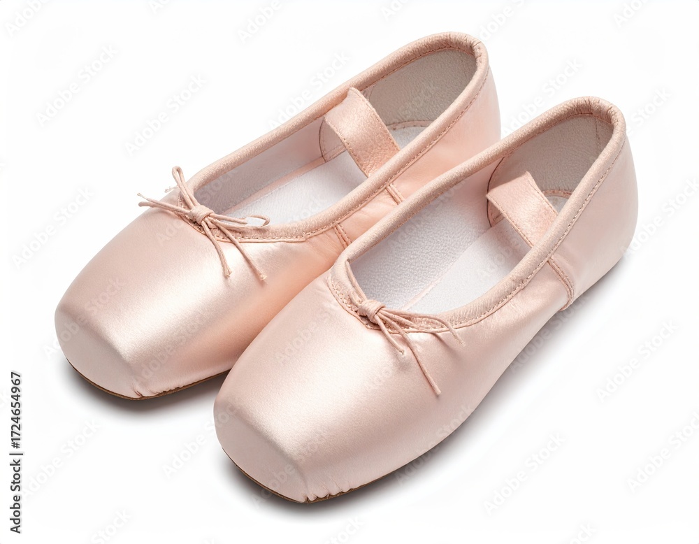Obraz premium Pair of pale pink satin ballet slippers with tied ribbons, displayed on a white background