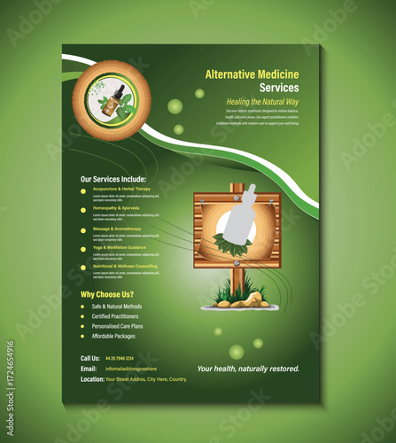 Creative flyer template for alternative medicine services, featuring natural therapy design, holistic wellness promotion, herbal care, acupuncture, and health consultation with editable layout.