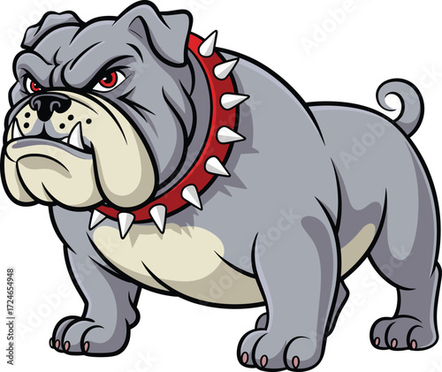 Aggressive bulldog cartoon, muscular dog mascot, fierce animal illustration, red spiked collar, intimidating pet vector, cad drawing flat vector illustration