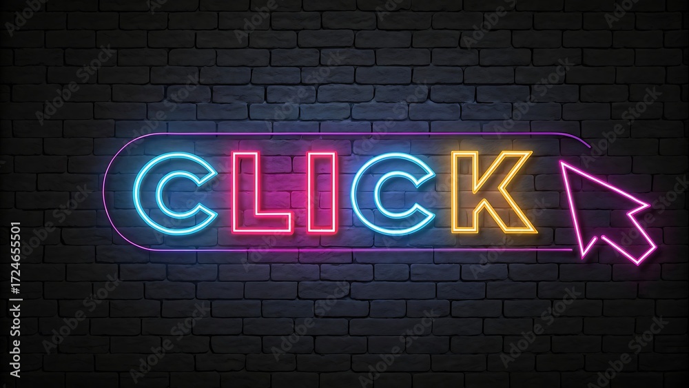Obraz premium Vibrant Neon CLICK Sign with Cursor: Modern, Trendy, Digital Marketing Concept on Brick Wall.