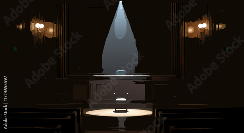 Dramatic Podium: A solitary podium stands under a spotlight in an empty auditorium, creating a scene of anticipation, drama, and potential.