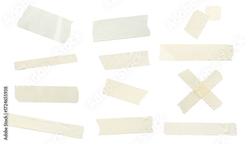 collection of torn pieces of masking tape on a transparent background