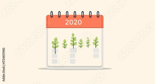 Yearly Planning and Growth: A 2020 calendar displaying a visual representation of growth with small plant, signifying progress and development.