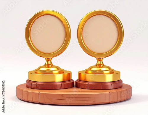 Two golden circular awards on a wooden base, blank creamy-beige centers, suggesting achievement or recognition