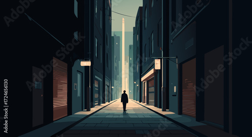 Urban Silhouette: An artistic portrayal of a solitary figure walking down an urban street, with buildings framing a linear perspective, light illuminating the path ahead.