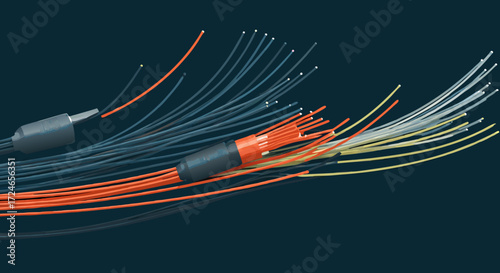Fiber Optic Cables: Close-up of colorful fiber optic cables, representing the core of modern data transmission, are expertly captured on a dark background. Highlighting the intricacies of technology.