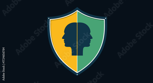 Shield of the Mind: A conceptual illustration of a protective shield featuring two mirrored faces, symbolizing mental strength, support, and the dual nature of thought.