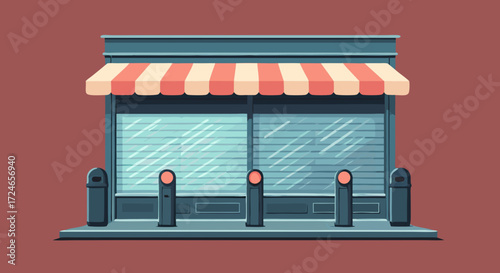 Shopfront Illustration: A charming shop facade featuring an awning, roller shutters, and bollards set against a neutral background. 