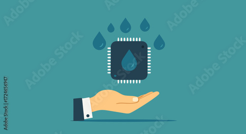 Digital Sustainability: An abstract illustration showcasing a single hand delicately holding a computer chip adorned with water droplets. It evokes themes of ecological consciousness, future tech.
