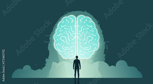 The Human Brain: Illustrative imagery of a silhouette person facing the radiant glow of a human brain, symbolizing the vast expanse of potential within the human mind.