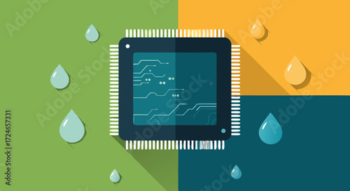Tech Leakage: The digital chip sits surrounded by water drops, highlighting concepts of data protection and vulnerability in a modern, vibrant presentation.